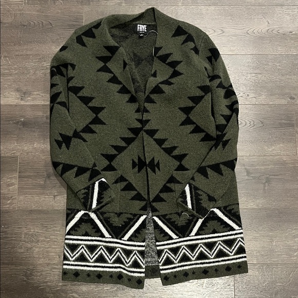 Frye Sweaters - FRYE Olive Green & Black Geometric Open-Front Cardigan